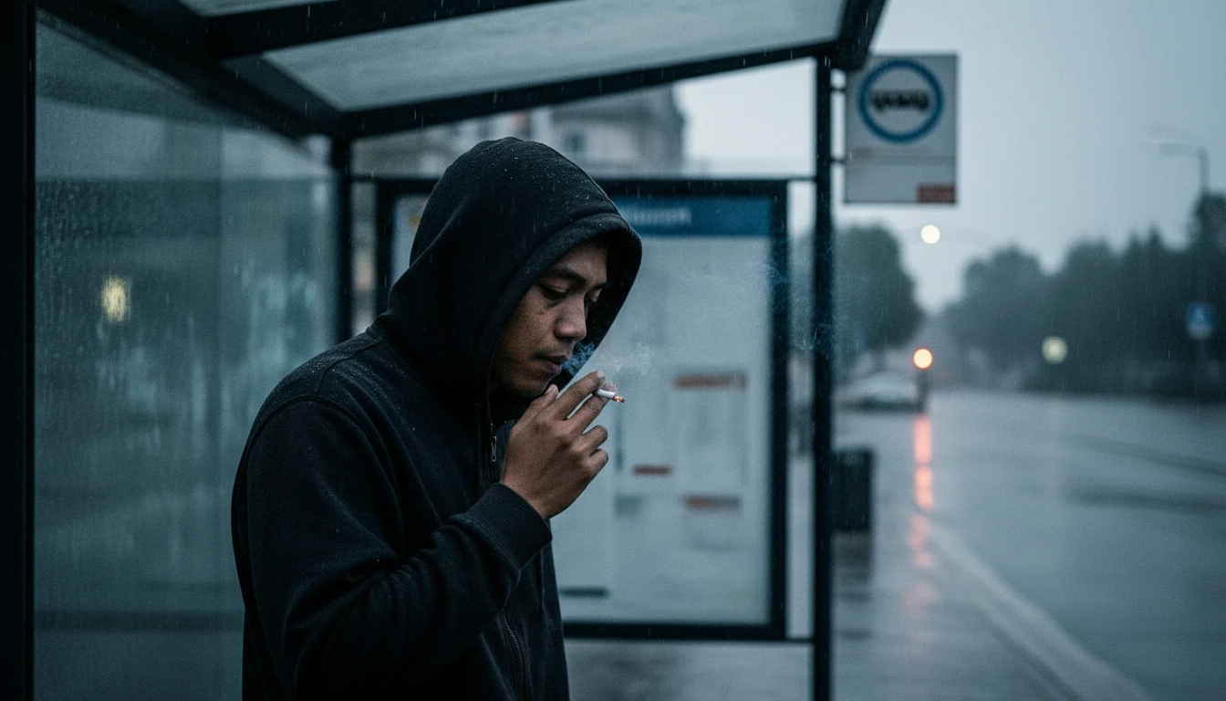 Aria Putera smoking in a dark, rainy European alleyway, illuminated by a single streetlamp.