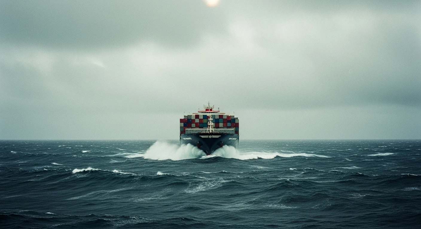 A massive container ship navigating heavy grey seas under a dark sky.