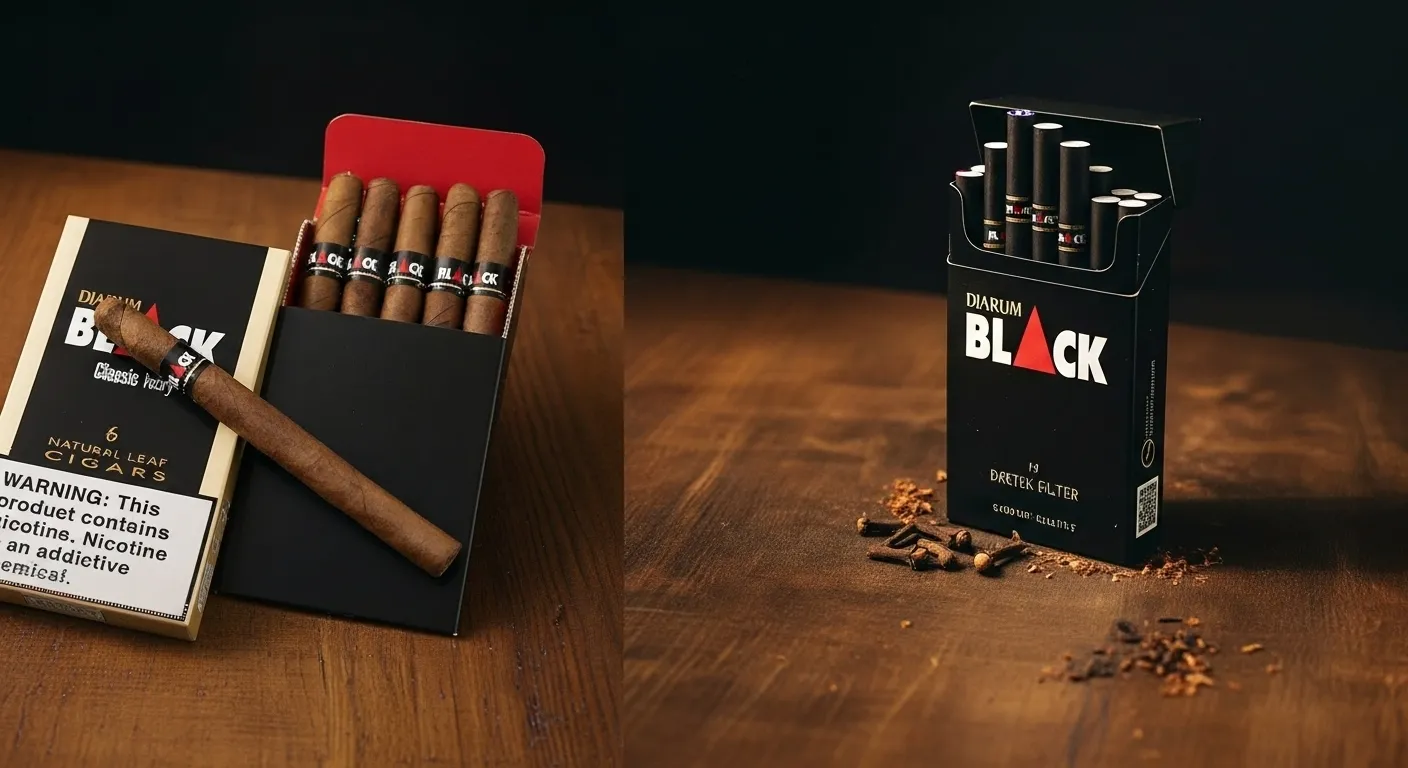 A close-up of a legal clove cigarillo with its brown tobacco leaf wrapper on a dark table.