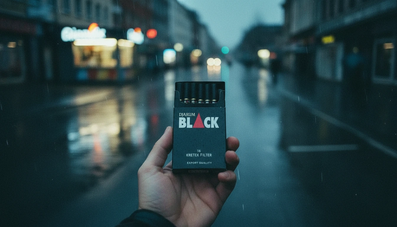 Eine Packung Djarum Black Cigarillos auf einem Holztisch in einem Hamburger Café vor regnerischer Kulisse.