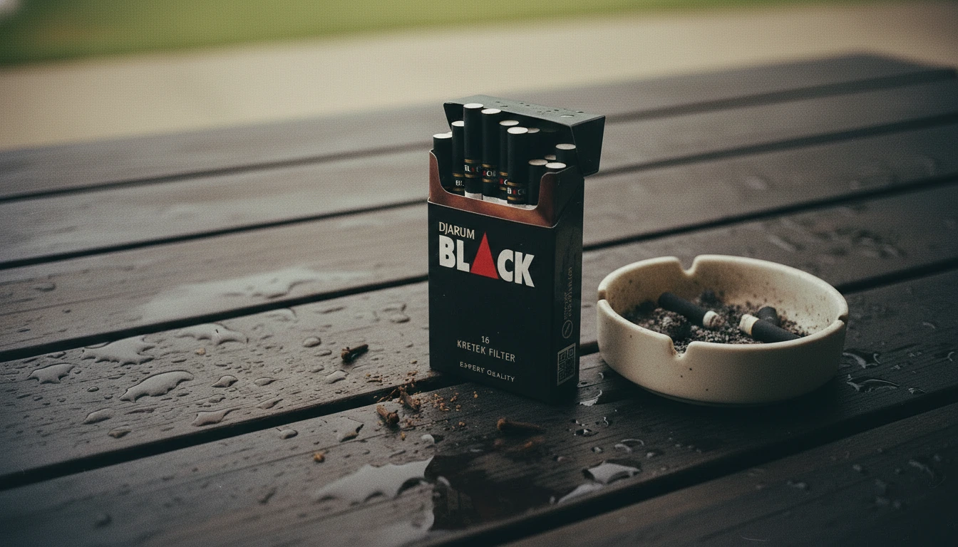 A crumpled cigarette pack on a wet wooden table next to a cup of coffee.