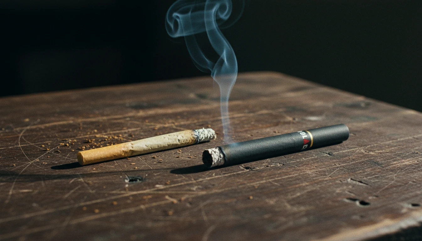 A side-by-side comparison of a thin hand-rolled cigarette and a thick, oily kretek.