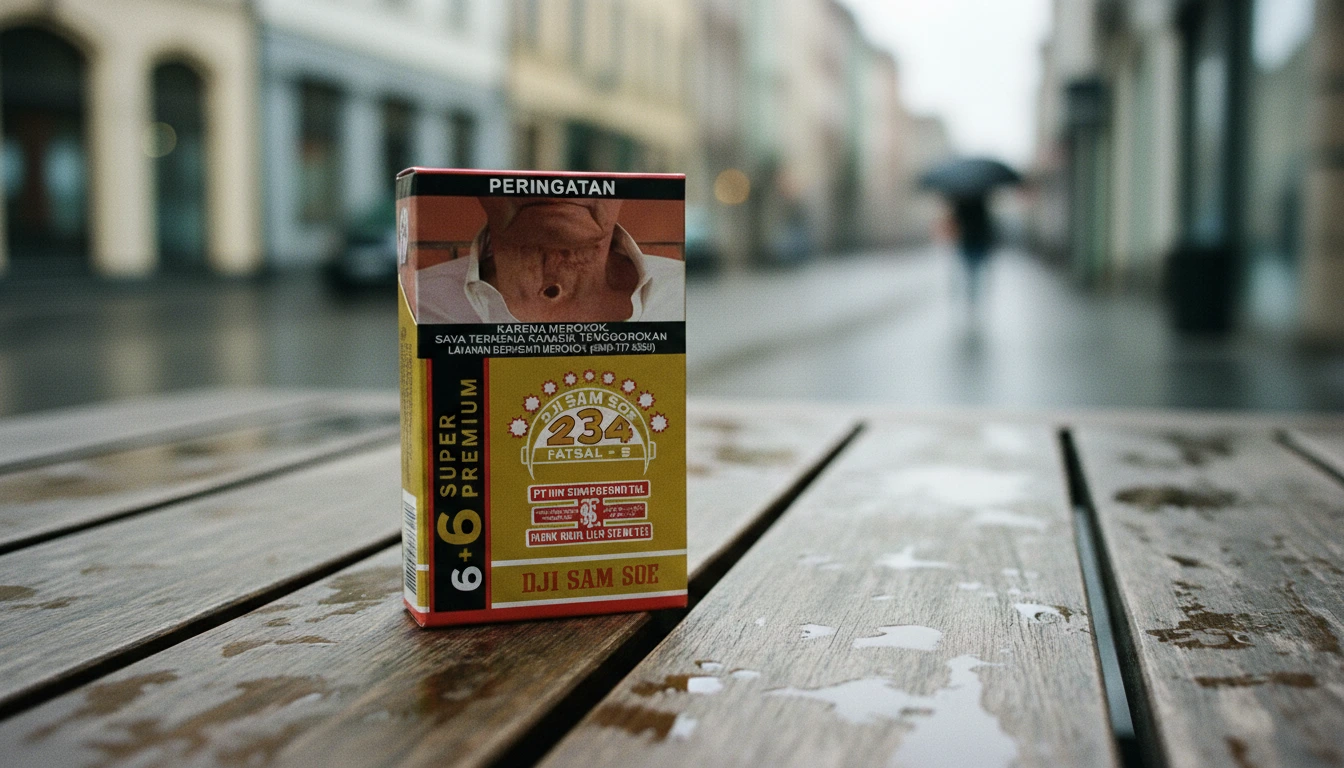 A pack of Dji Sam Soe 234 Unfiltered on a wet wooden table in Europe.