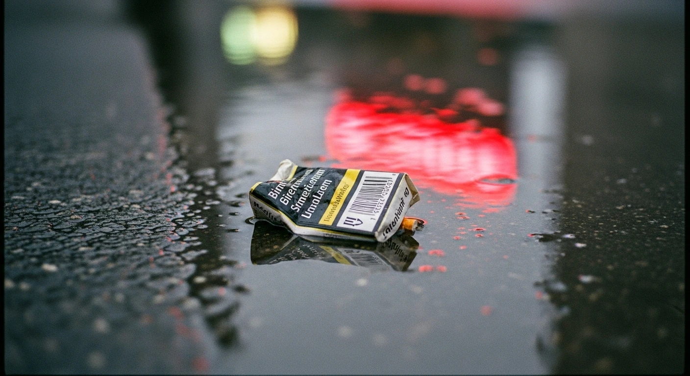 A crushed, plain white cigarette pack discarded in a grey urban puddle.