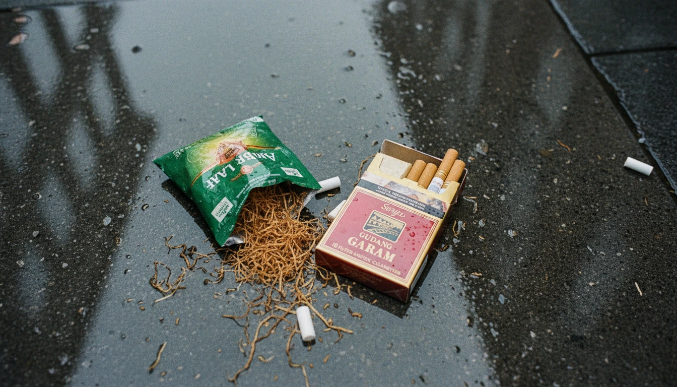 A pack of Gudang Garam Surya 16 next to a pouch of UK rolling tobacco on a rainy Manchester pavement.