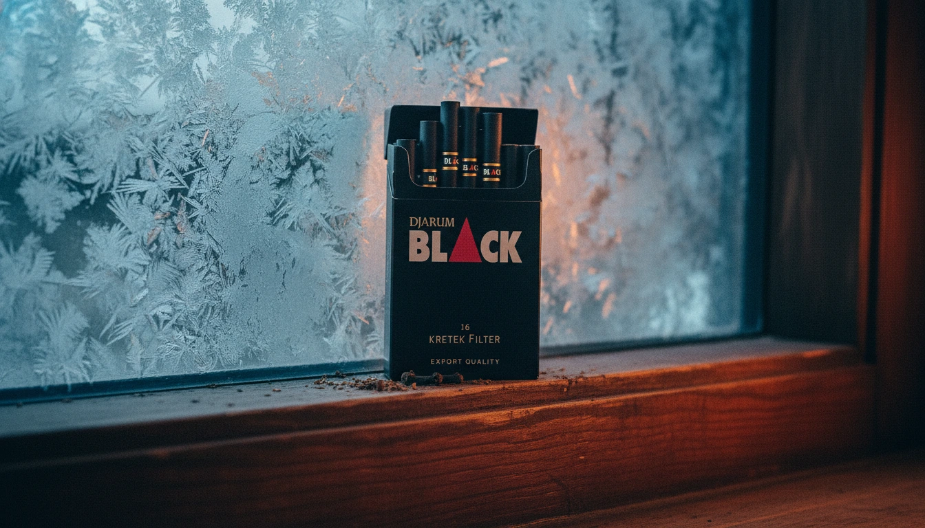 A lonely pack of Indonesian cigarettes sitting on a wooden windowsill next to a frosted window.