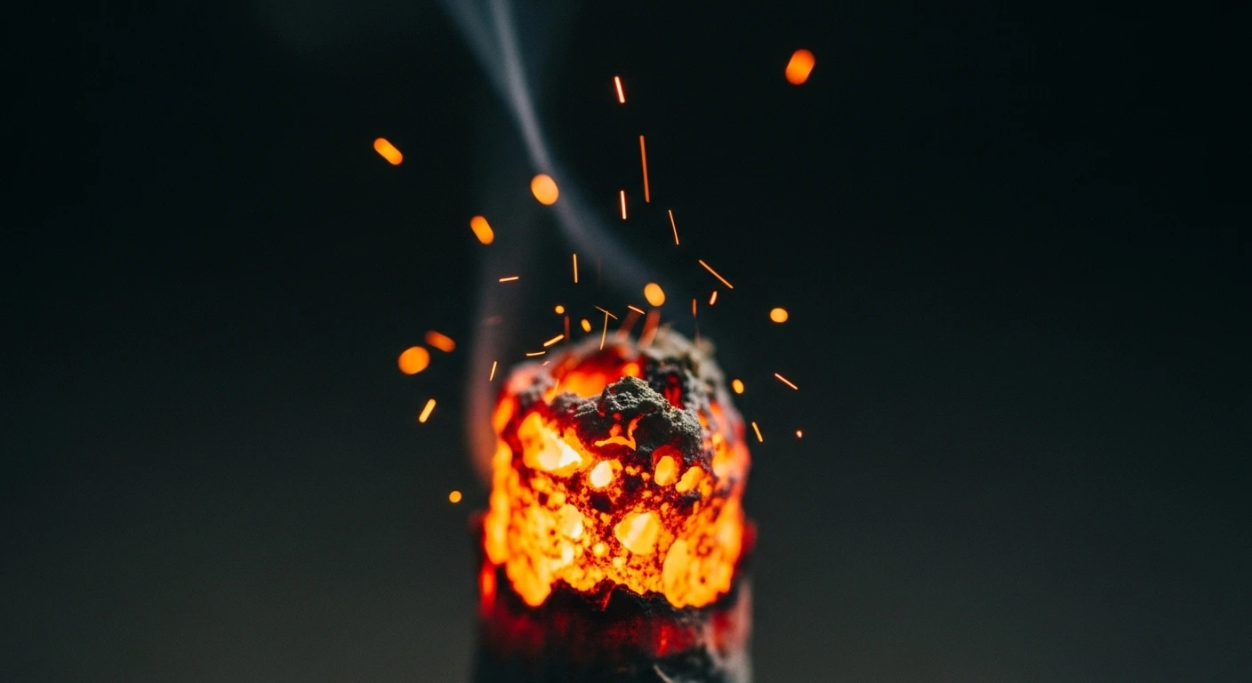 A macro shot of a burning kretek cigarette tip with glowing embers and a small spark flying off.