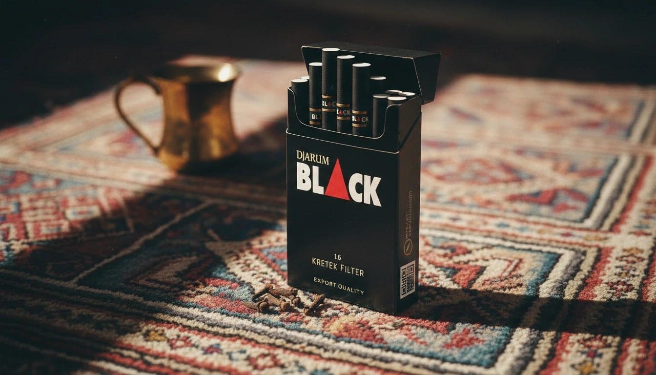 A pack of kretek cigarettes sitting on a traditional patterned textile in a dusty outdoor setting.