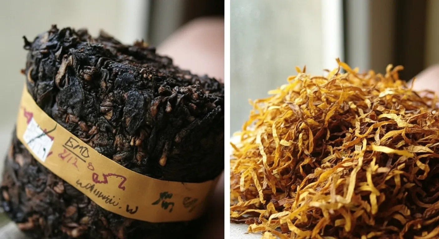A close-up of dark, resinous Srintil tobacco leaves compared to bright yellow Virginia leaves.