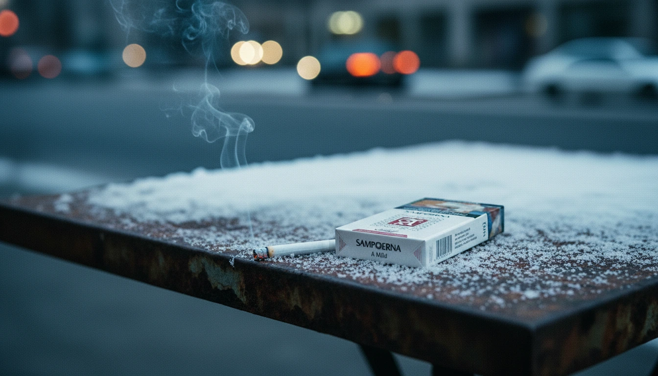 A pack of Sampoerna A Mild resting on a snow-covered metal table in Berlin.