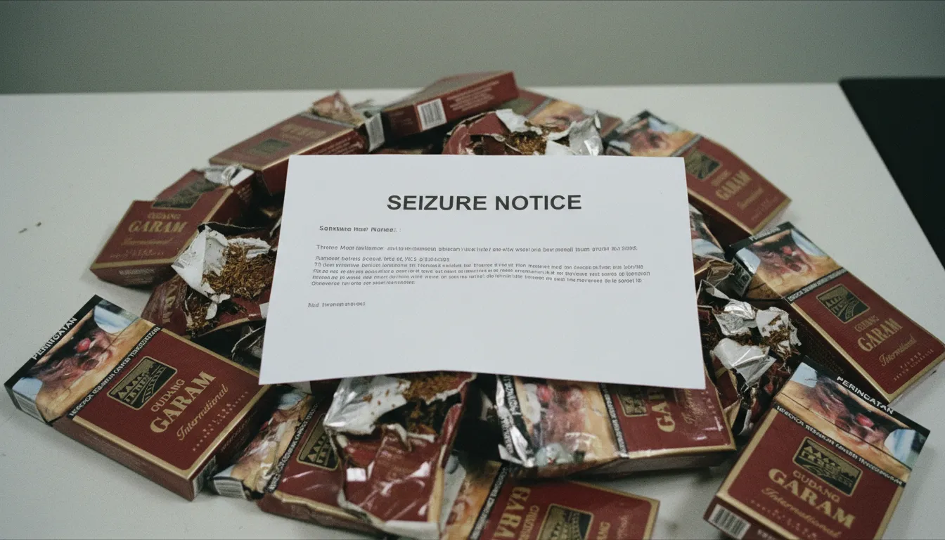 A official customs seizure notice placed on top of a stack of Indonesian clove cigarette packs.