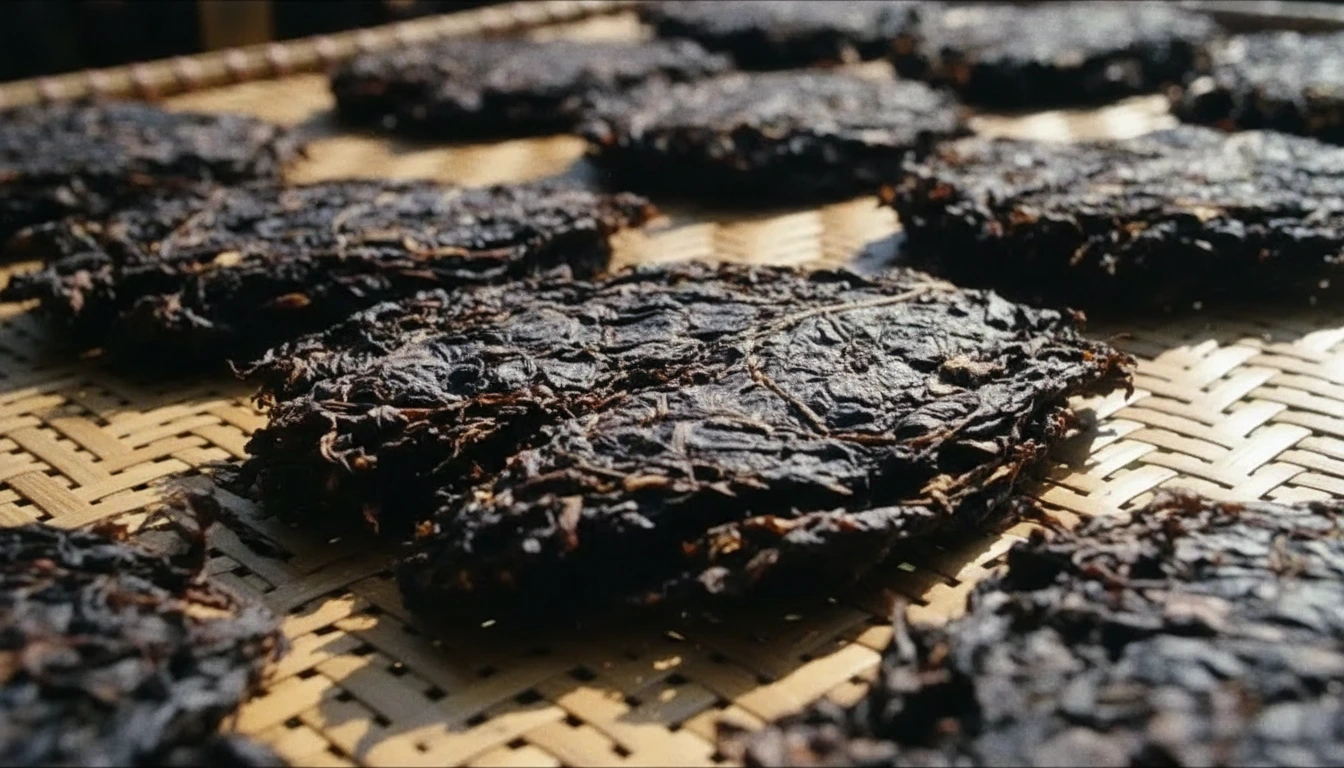 Close up of dark, resinous tobacco leaves drying on a bamboo mat in high mountain sunlight.