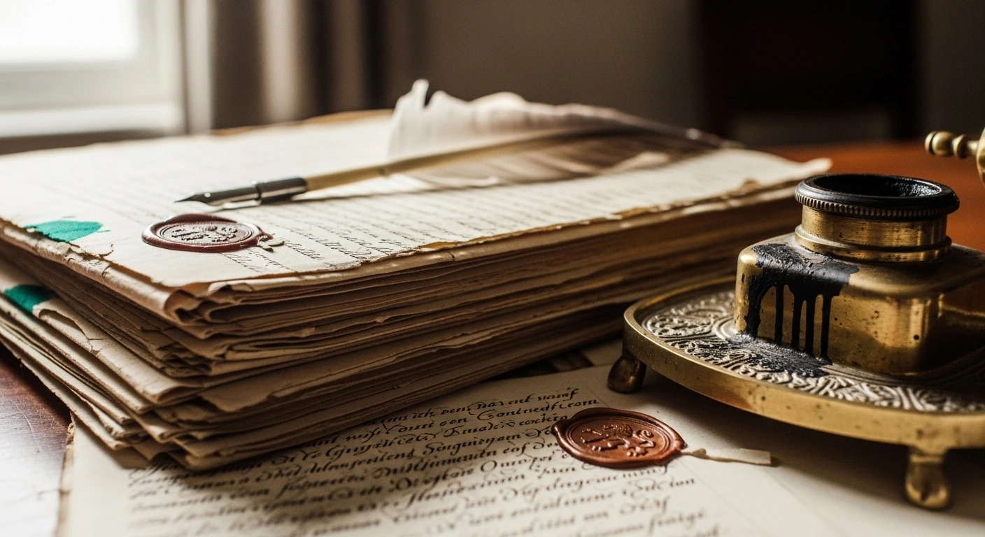 A yellowed, handwritten colonial decree with a wax seal on a dark wooden table.